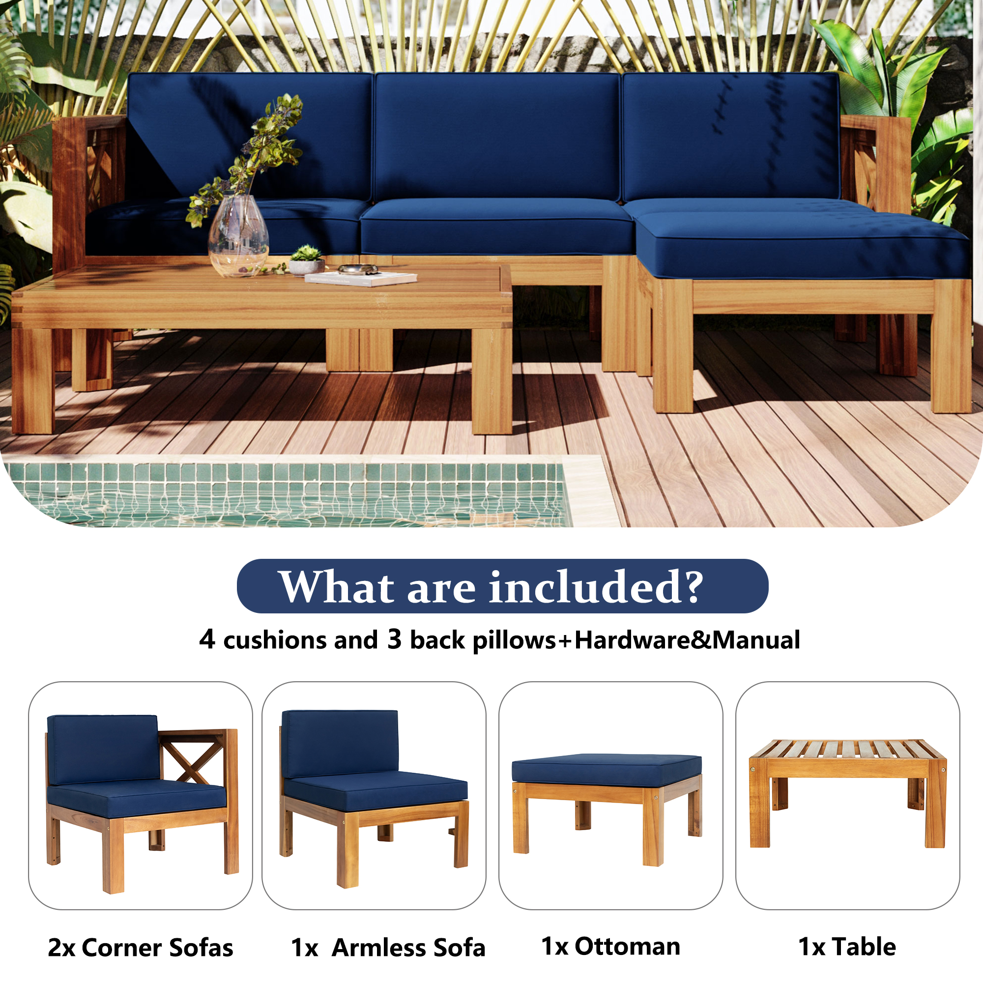 Outdoor Backyard Patio Wood 5-Piece Sectional Sofa Seating Group Set with Cushions, Natural Finish+ Blue Cushions