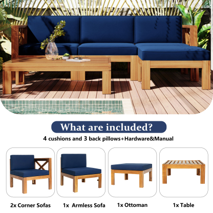 Outdoor Backyard Patio Wood 5-Piece Sectional Sofa Seating Group Set with Cushions, Natural Finish+ Blue Cushions