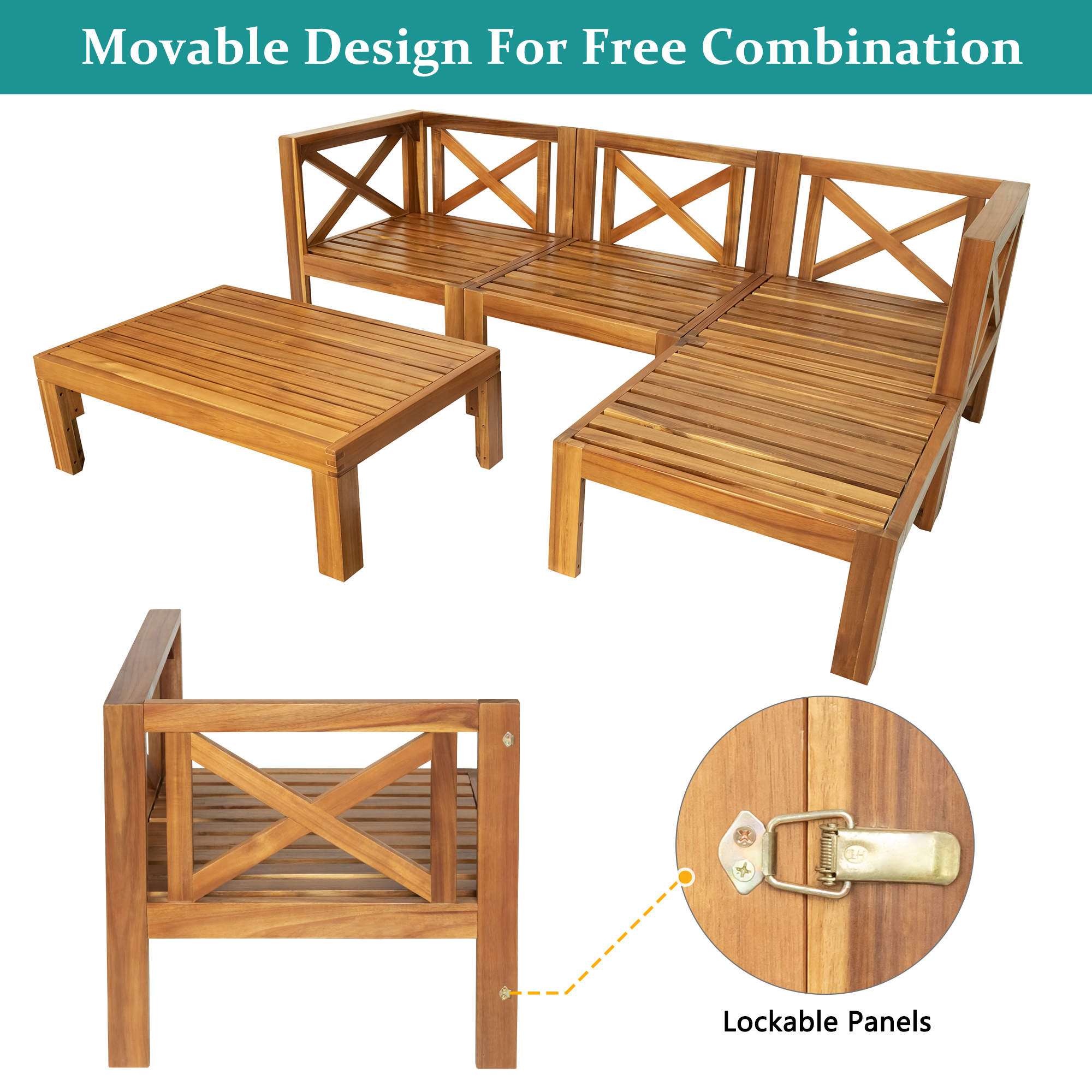 Outdoor Backyard Patio Wood 5-Piece Sectional Sofa Seating Group Set with Cushions, Natural Finish+ Beige Cushions