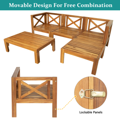 Outdoor Backyard Patio Wood 5-Piece Sectional Sofa Seating Group Set with Cushions, Natural Finish+ Beige Cushions