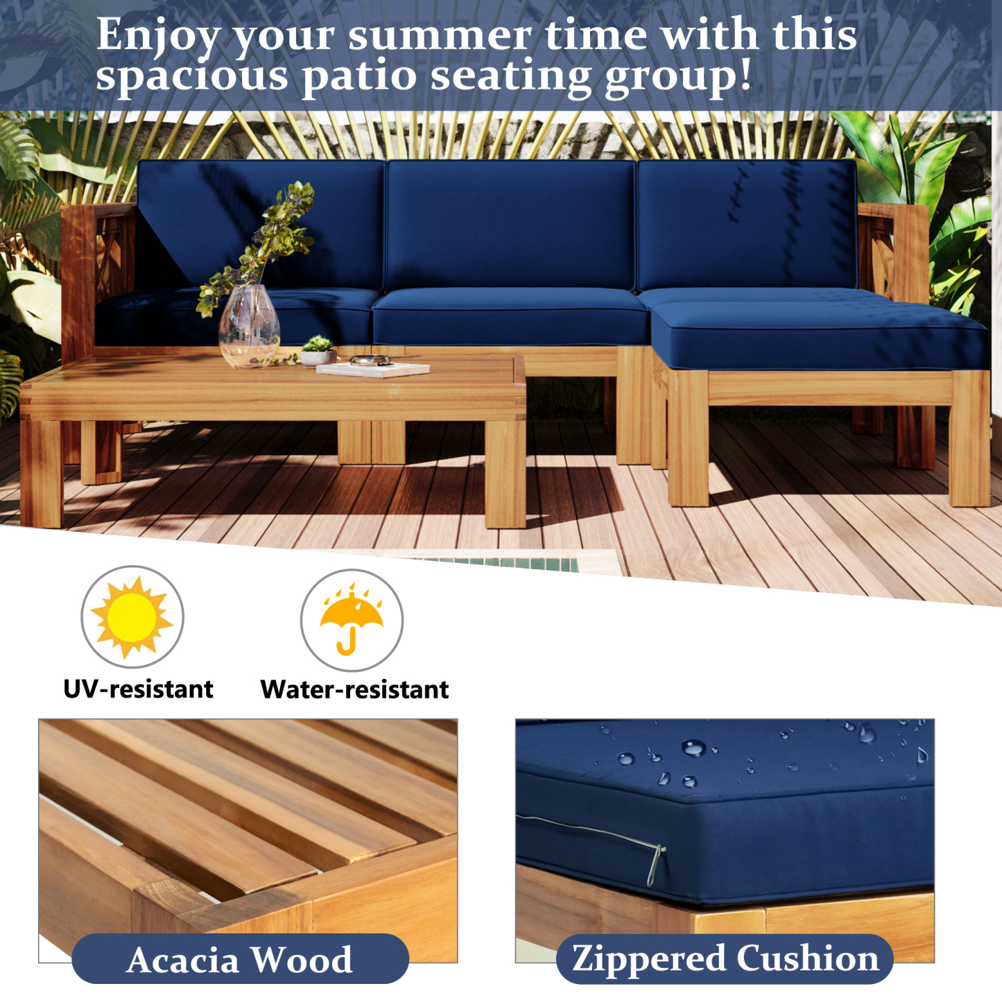 Outdoor Backyard Patio Wood 5-Piece Sectional Sofa Seating Group Set with Cushions, Natural Finish+ Blue Cushions
