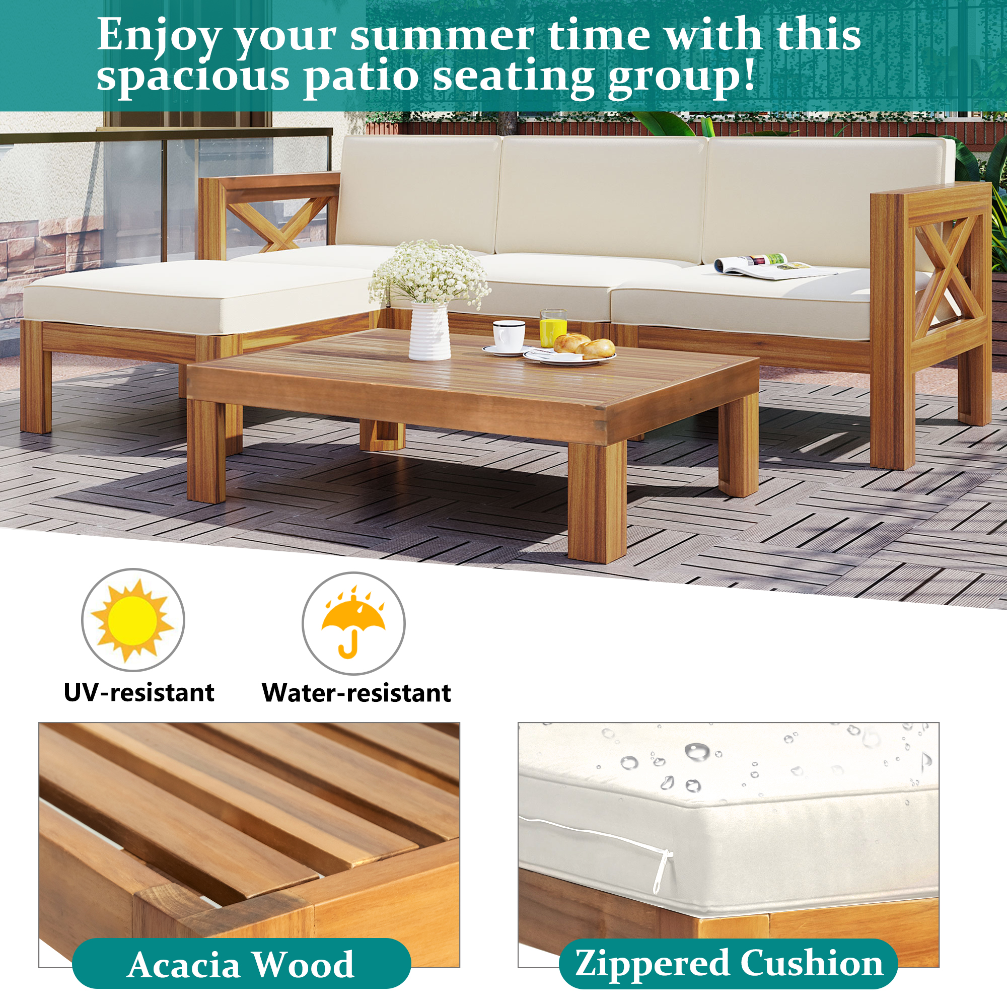 Outdoor Backyard Patio Wood 5-Piece Sectional Sofa Seating Group Set with Cushions, Natural Finish+ Beige Cushions