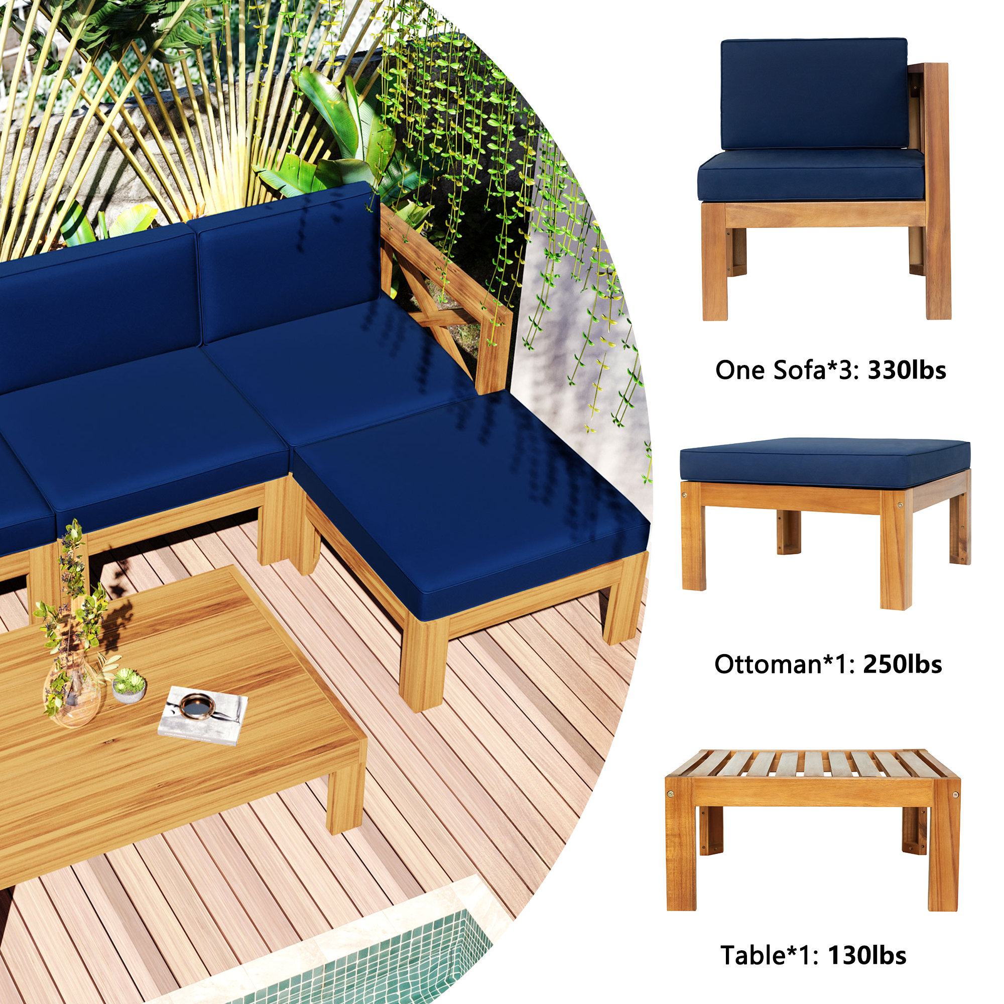 Outdoor Backyard Patio Wood 5-Piece Sectional Sofa Seating Group Set with Cushions, Natural Finish+ Blue Cushions