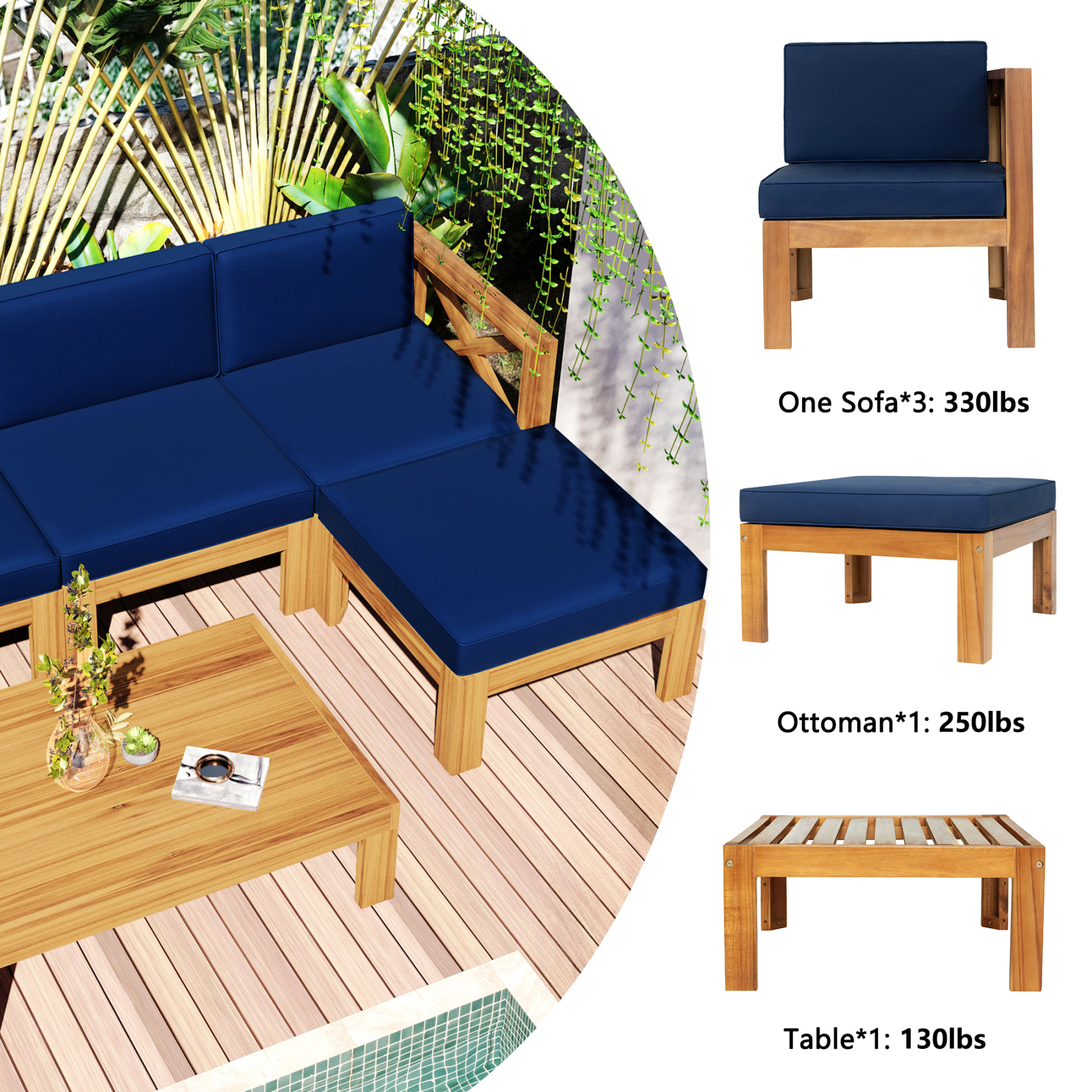 Outdoor Backyard Patio Wood 5-Piece Sectional Sofa Seating Group Set with Cushions, Natural Finish+ Blue Cushions