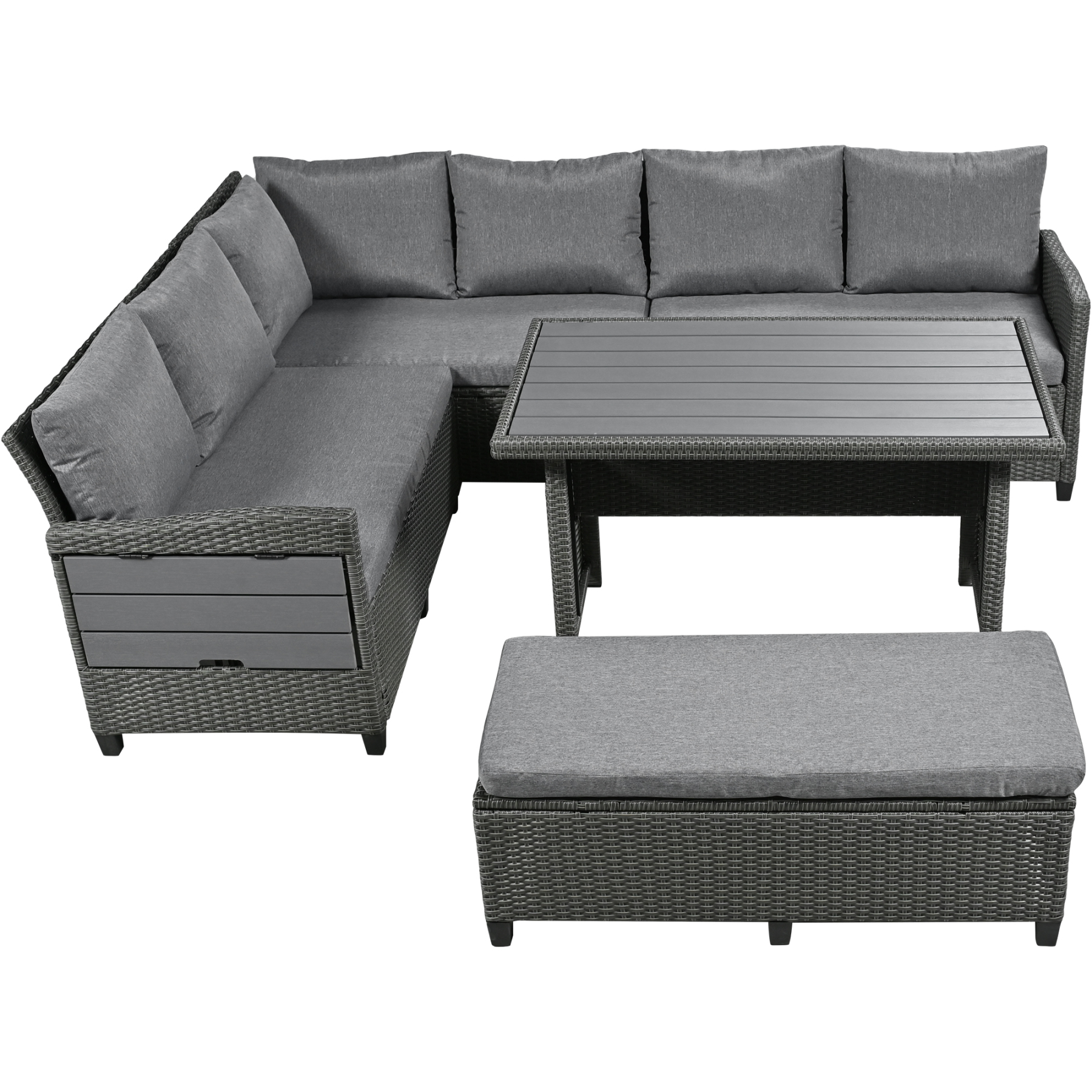 TOMAX 5-Piece Outdoor Patio Rattan Sofa Set, Sectional PE Wicker L-Shaped Garden Furniture Set with 2 Extendable Side Tables, Dining Table and Washable Covers for Backyard, Poolside, Indoor, Grey