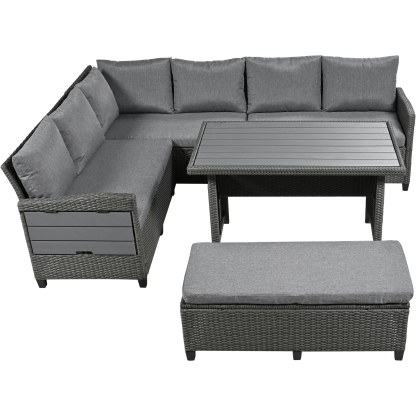 TOMAX 5-Piece Outdoor Patio Rattan Sofa Set, Sectional PE Wicker L-Shaped Garden Furniture Set with 2 Extendable Side Tables, Dining Table and Washable Covers for Backyard, Poolside, Indoor, Grey