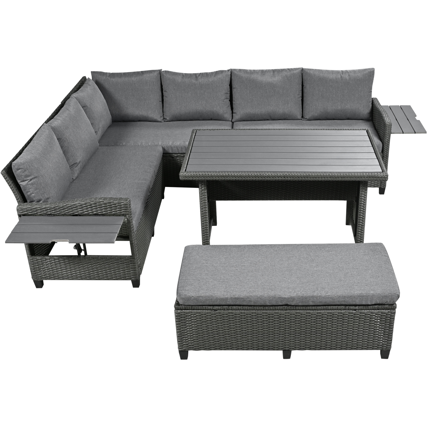 TOMAX 5-Piece Outdoor Patio Rattan Sofa Set, Sectional PE Wicker L-Shaped Garden Furniture Set with 2 Extendable Side Tables, Dining Table and Washable Covers for Backyard, Poolside, Indoor, Grey