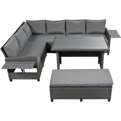TOMAX 5-Piece Outdoor Patio Rattan Sofa Set, Sectional PE Wicker L-Shaped Garden Furniture Set with 2 Extendable Side Tables, Dining Table and Washable Covers for Backyard, Poolside, Indoor, Grey