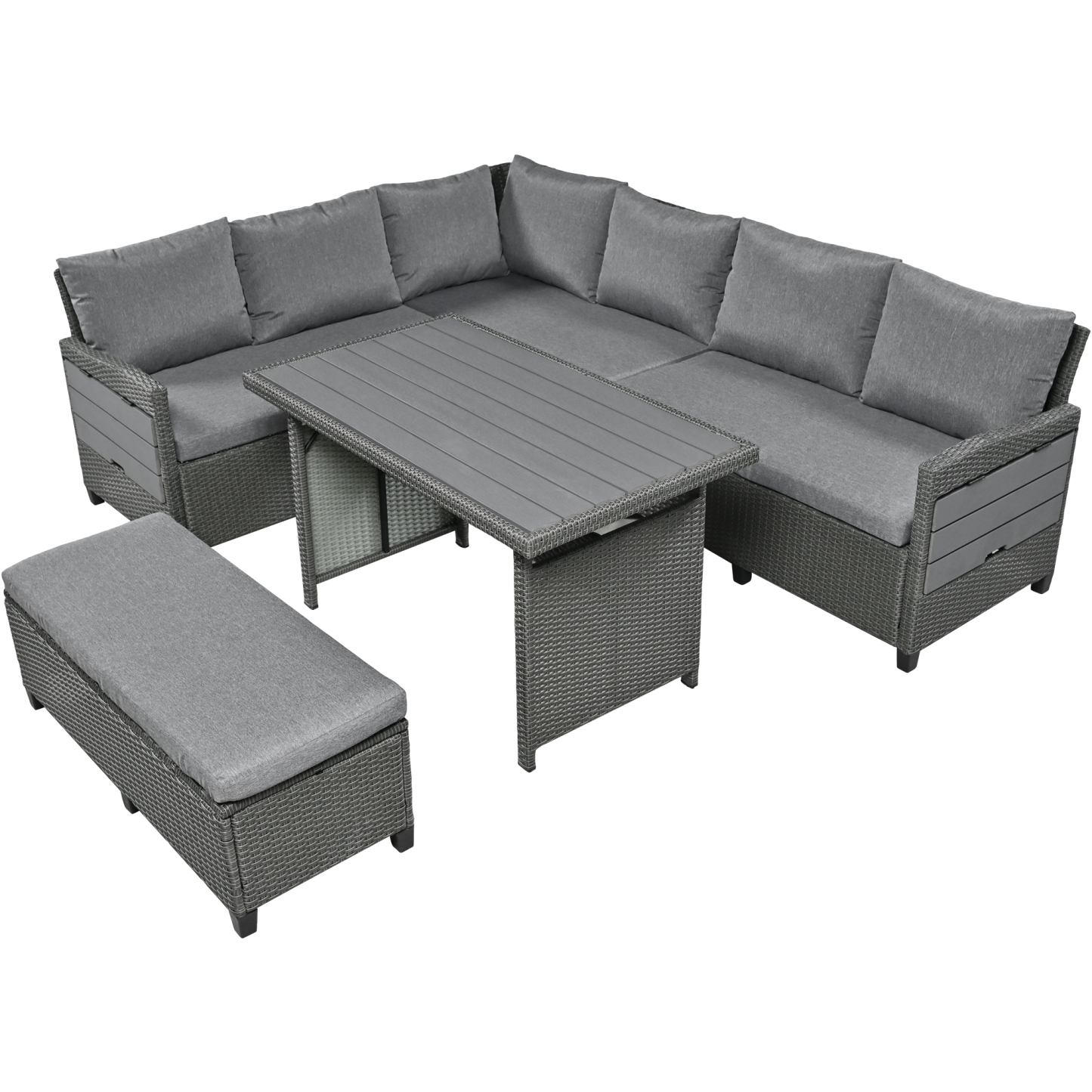 TOMAX 5-Piece Outdoor Patio Rattan Sofa Set, Sectional PE Wicker L-Shaped Garden Furniture Set with 2 Extendable Side Tables, Dining Table and Washable Covers for Backyard, Poolside, Indoor, Grey