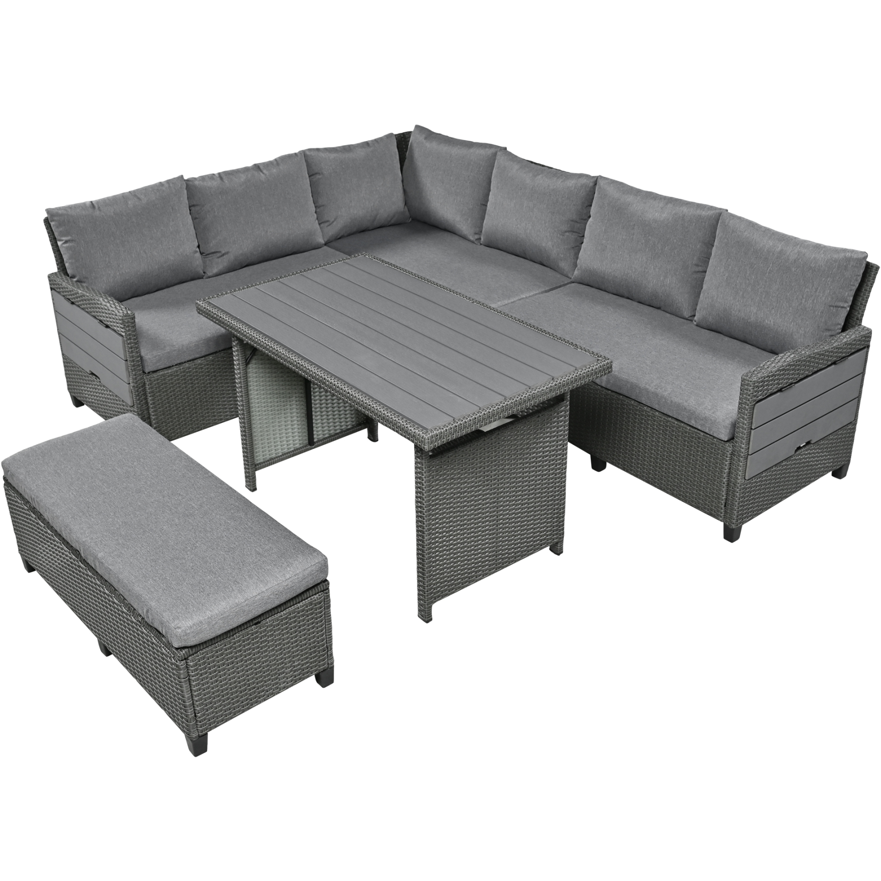 TOMAX 5-Piece Outdoor Patio Rattan Sofa Set, Sectional PE Wicker L-Shaped Garden Furniture Set with 2 Extendable Side Tables, Dining Table and Washable Covers for Backyard, Poolside, Indoor, Grey