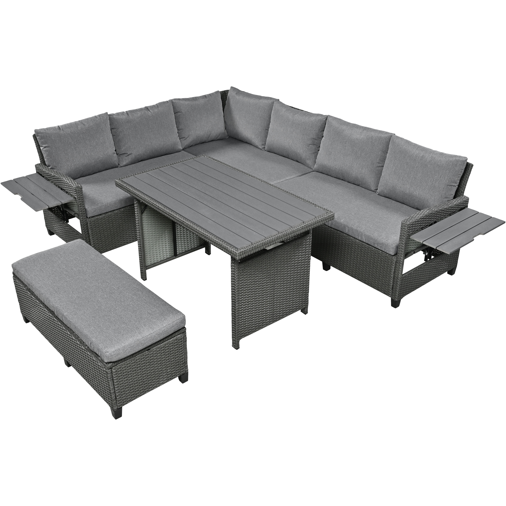 TOMAX 5-Piece Outdoor Patio Rattan Sofa Set, Sectional PE Wicker L-Shaped Garden Furniture Set with 2 Extendable Side Tables, Dining Table and Washable Covers for Backyard, Poolside, Indoor, Grey