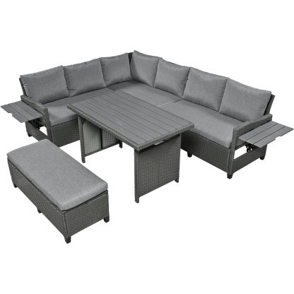 TOMAX 5-Piece Outdoor Patio Rattan Sofa Set, Sectional PE Wicker L-Shaped Garden Furniture Set with 2 Extendable Side Tables, Dining Table and Washable Covers for Backyard, Poolside, Indoor, Grey