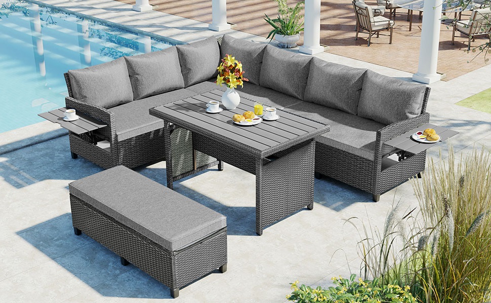 TOMAX 5-Piece Outdoor Patio Rattan Sofa Set, Sectional PE Wicker L-Shaped Garden Furniture Set with 2 Extendable Side Tables, Dining Table and Washable Covers for Backyard, Poolside, Indoor, Grey