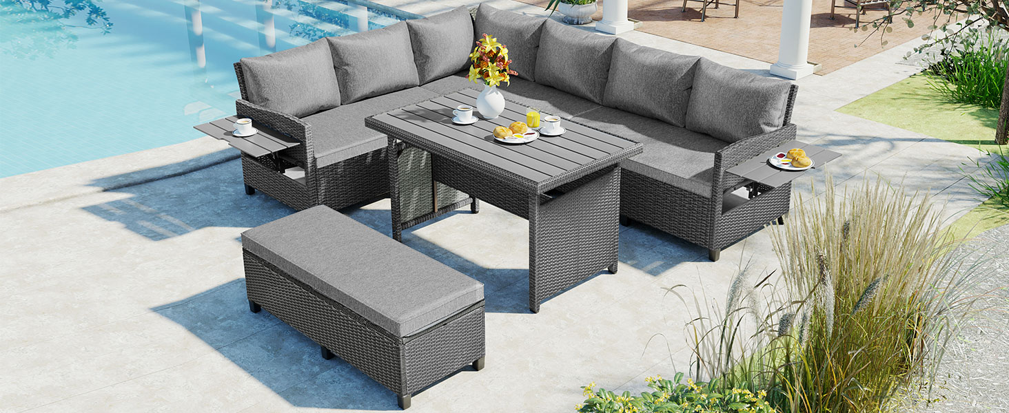 TOMAX 5-Piece Outdoor Patio Rattan Sofa Set, Sectional PE Wicker L-Shaped Garden Furniture Set with 2 Extendable Side Tables, Dining Table and Washable Covers for Backyard, Poolside, Indoor, Grey