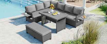 TOMAX 5-Piece Outdoor Patio Rattan Sofa Set, Sectional PE Wicker L-Shaped Garden Furniture Set with 2 Extendable Side Tables, Dining Table and Washable Covers for Backyard, Poolside, Indoor, Grey
