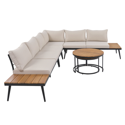 TREXM 6-Piece Outdoor Sectional Sofa Set with Round Nesting Coffee Tables and Seating Sofa with Cushions for Patio, Porch and Garden (Beige)