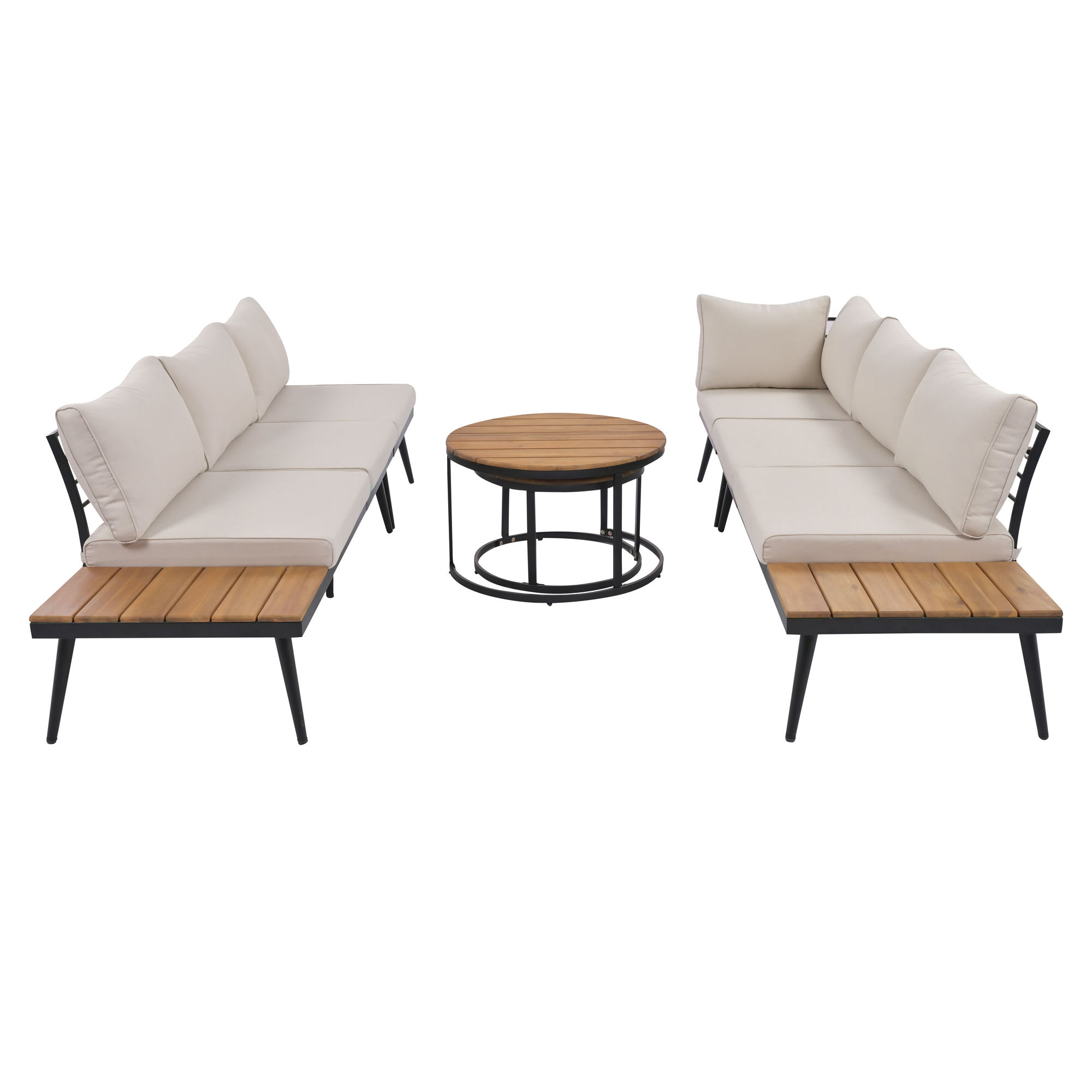 TREXM 6-Piece Outdoor Sectional Sofa Set with Round Nesting Coffee Tables and Seating Sofa with Cushions for Patio, Porch and Garden (Beige)
