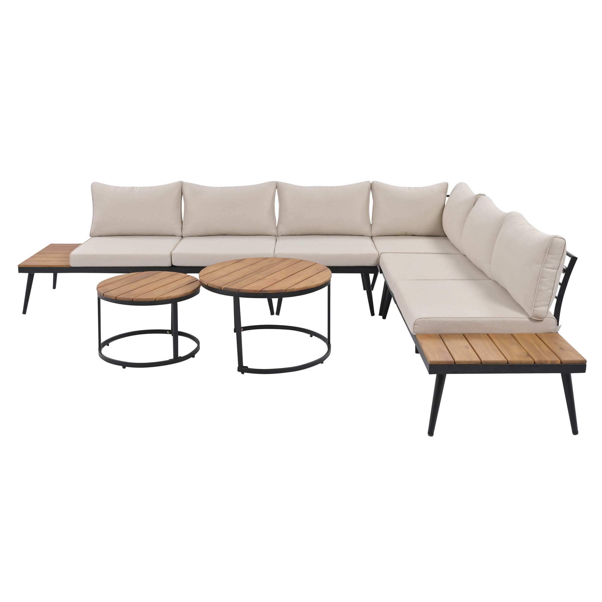 TREXM 6-Piece Outdoor Sectional Sofa Set with Round Nesting Coffee Tables and Seating Sofa with Cushions for Patio, Porch and Garden (Beige)