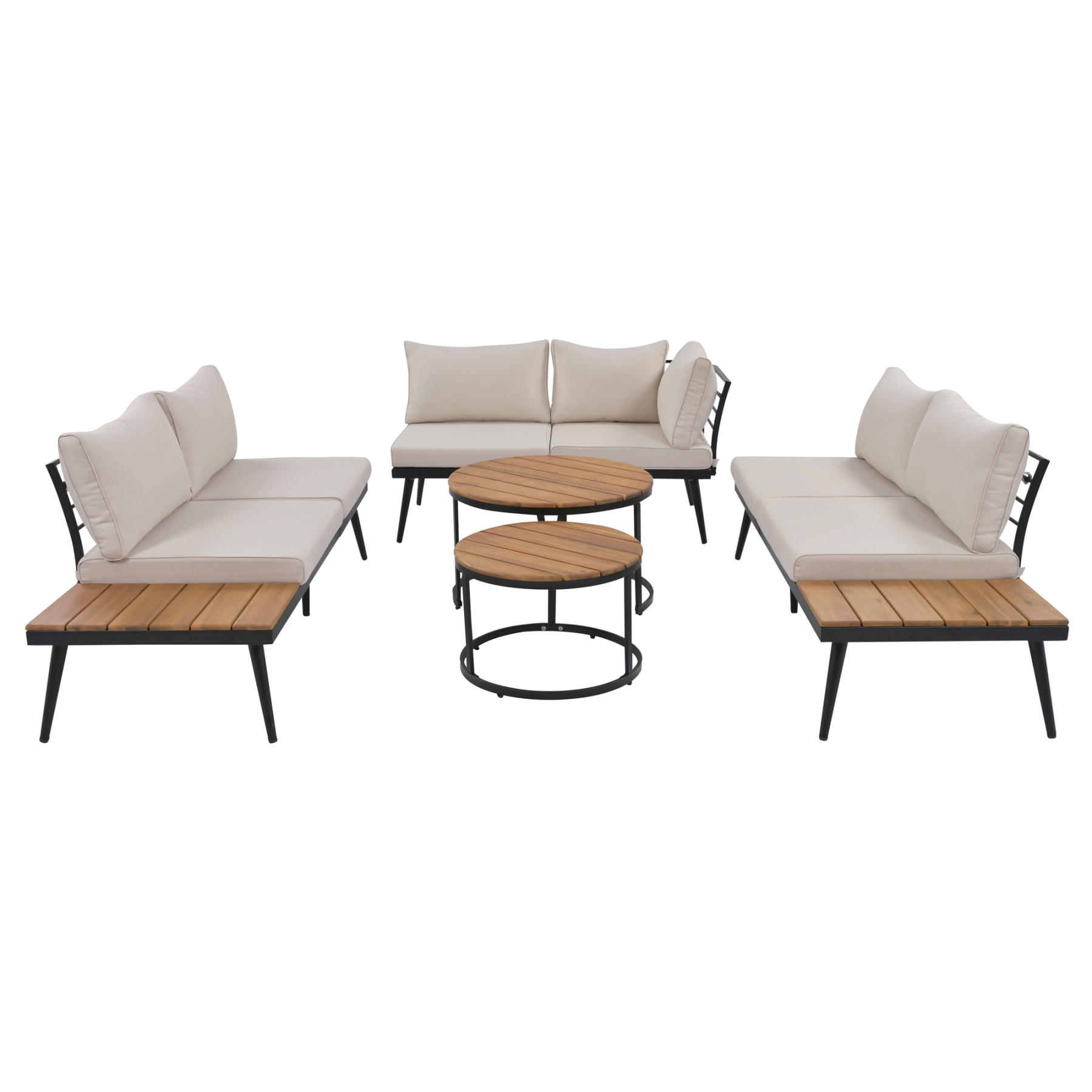 TREXM 6-Piece Outdoor Sectional Sofa Set with Round Nesting Coffee Tables and Seating Sofa with Cushions for Patio, Porch and Garden (Beige)