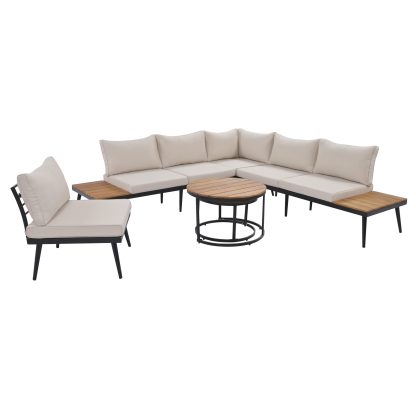 TREXM 6-Piece Outdoor Sectional Sofa Set with Round Nesting Coffee Tables and Seating Sofa with Cushions for Patio, Porch and Garden (Beige)