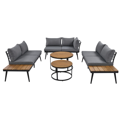 TREXM 6-Piece Outdoor Sectional Sofa Set with Round Nesting Coffee Tables and Seating Sofa with Cushions for Patio, Porch and Garden (Grey)