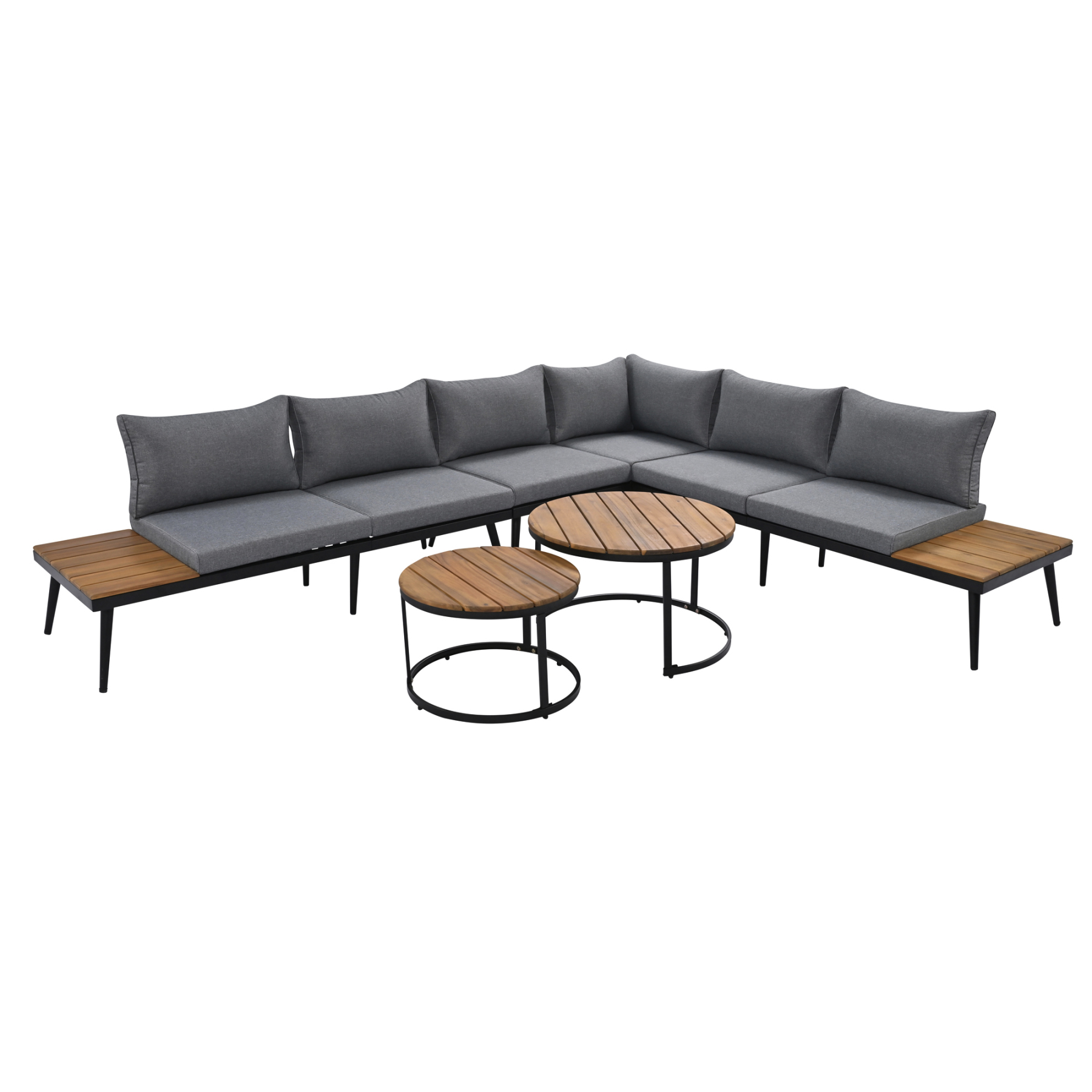 TREXM 6-Piece Outdoor Sectional Sofa Set with Round Nesting Coffee Tables and Seating Sofa with Cushions for Patio, Porch and Garden (Grey)