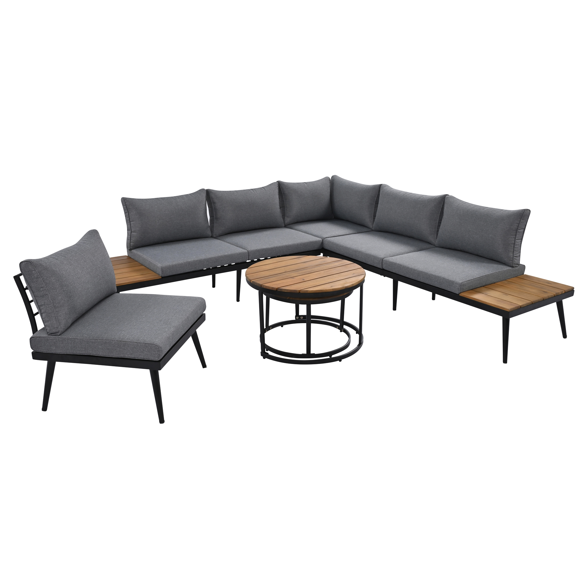 TREXM 6-Piece Outdoor Sectional Sofa Set with Round Nesting Coffee Tables and Seating Sofa with Cushions for Patio, Porch and Garden (Grey)