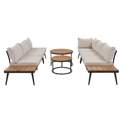 TREXM 6-Piece Outdoor Sectional Sofa Set with Round Nesting Coffee Tables and Seating Sofa with Cushions for Patio, Porch and Garden (Beige)