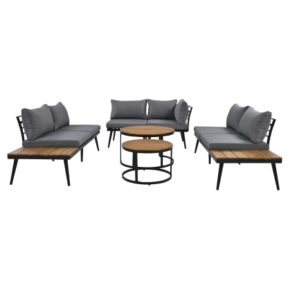 TREXM 6-Piece Outdoor Sectional Sofa Set with Round Nesting Coffee Tables and Seating Sofa with Cushions for Patio, Porch and Garden (Grey)