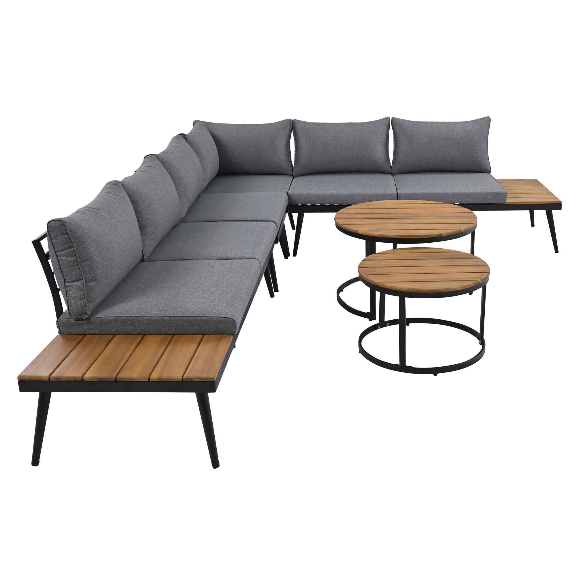 TREXM 6-Piece Outdoor Sectional Sofa Set with Round Nesting Coffee Tables and Seating Sofa with Cushions for Patio, Porch and Garden (Grey)
