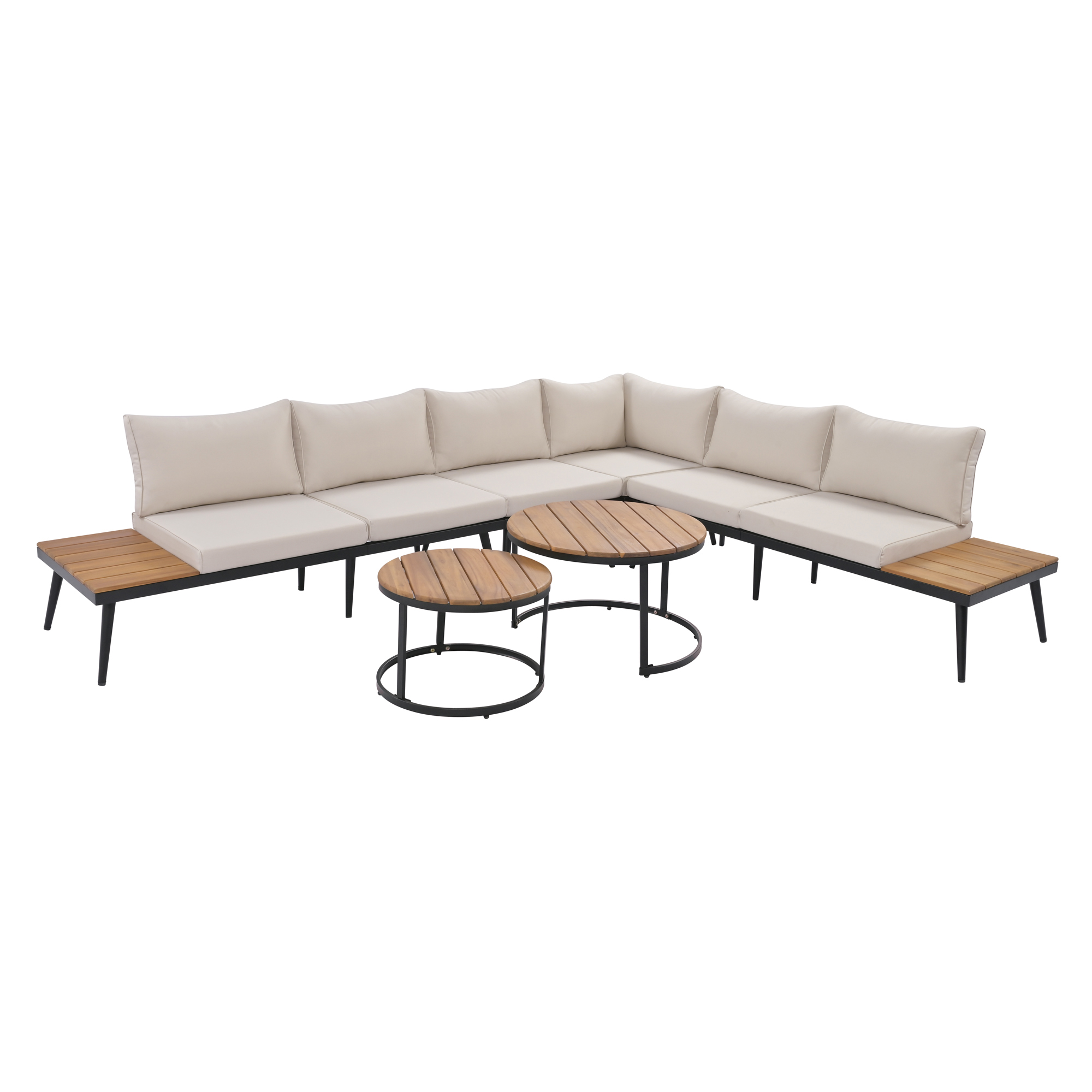 TREXM 6-Piece Outdoor Sectional Sofa Set with Round Nesting Coffee Tables and Seating Sofa with Cushions for Patio, Porch and Garden (Beige)