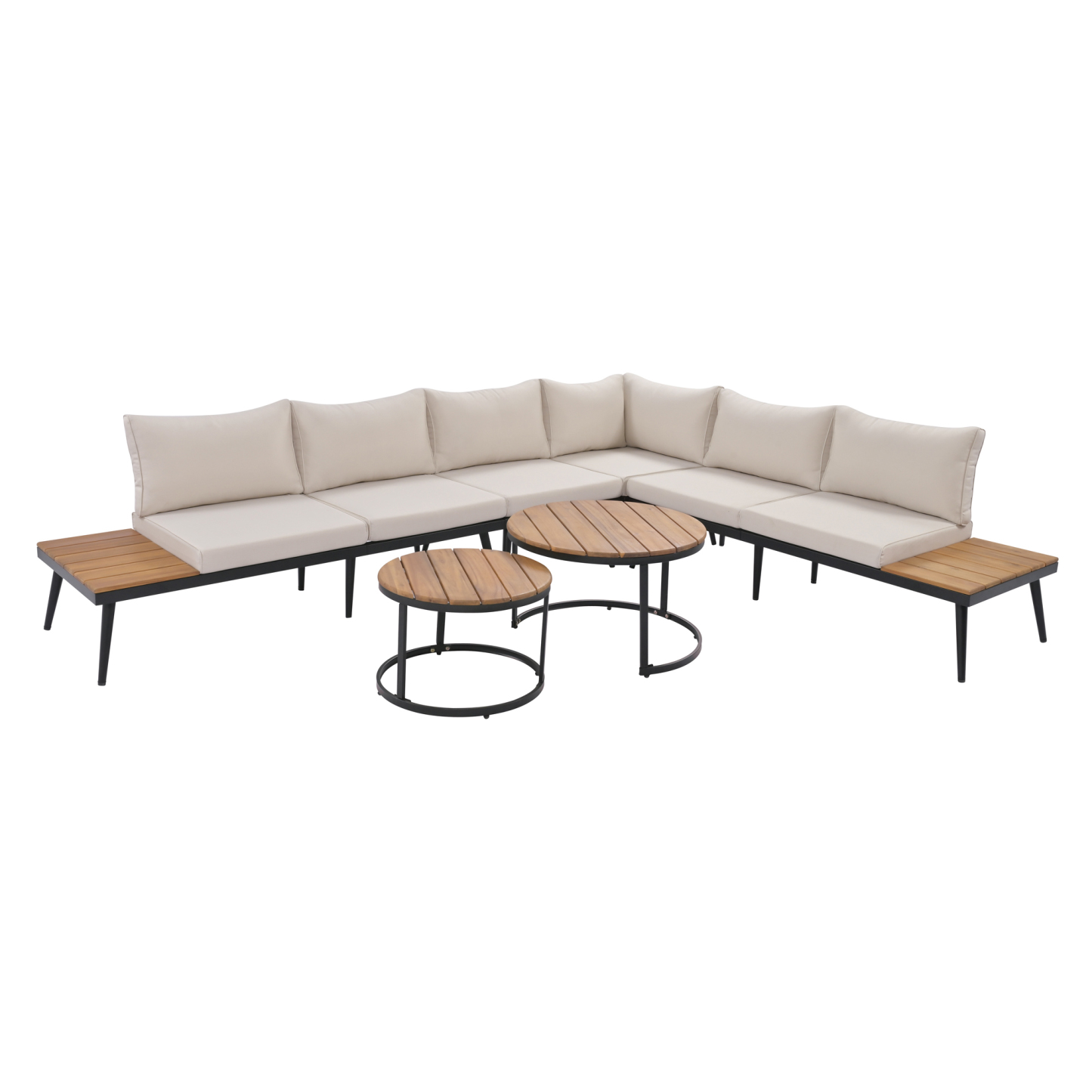 TREXM 6-Piece Outdoor Sectional Sofa Set with Round Nesting Coffee Tables and Seating Sofa with Cushions for Patio, Porch and Garden (Beige)