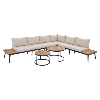 TREXM 6-Piece Outdoor Sectional Sofa Set with Round Nesting Coffee Tables and Seating Sofa with Cushions for Patio, Porch and Garden (Beige)