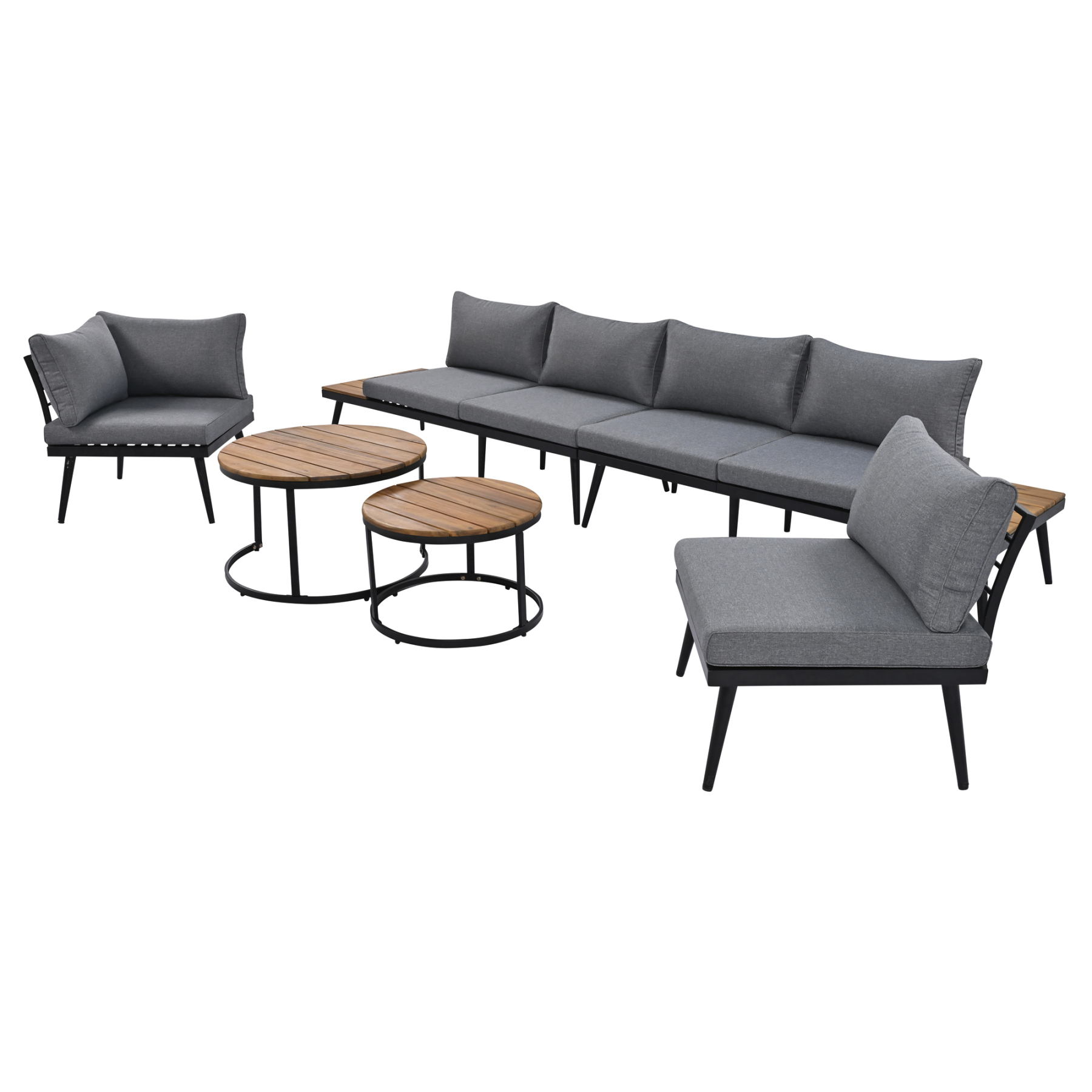 TREXM 6-Piece Outdoor Sectional Sofa Set with Round Nesting Coffee Tables and Seating Sofa with Cushions for Patio, Porch and Garden (Grey)