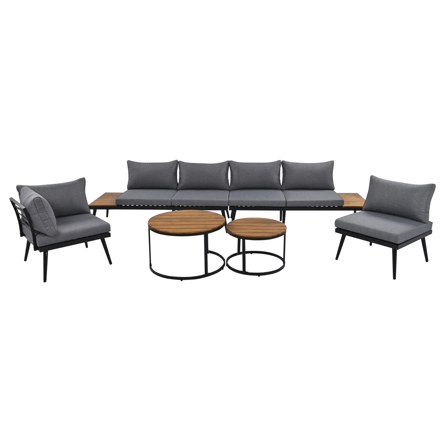 TREXM 6-Piece Outdoor Sectional Sofa Set with Round Nesting Coffee Tables and Seating Sofa with Cushions for Patio, Porch and Garden (Grey)