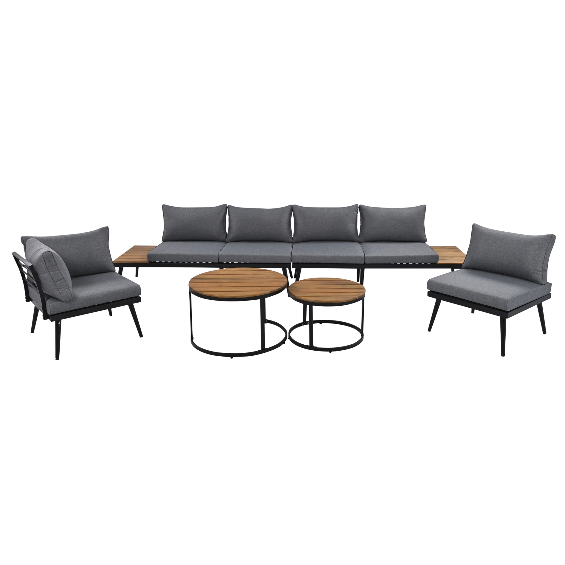 TREXM 6-Piece Outdoor Sectional Sofa Set with Round Nesting Coffee Tables and Seating Sofa with Cushions for Patio, Porch and Garden (Grey)