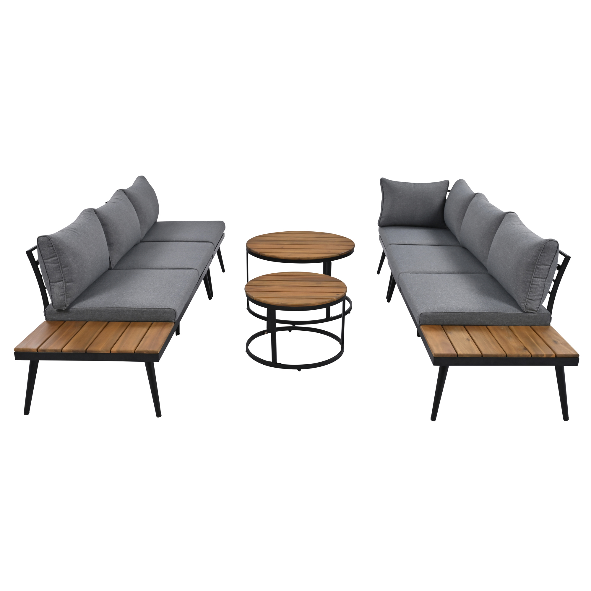 TREXM 6-Piece Outdoor Sectional Sofa Set with Round Nesting Coffee Tables and Seating Sofa with Cushions for Patio, Porch and Garden (Grey)