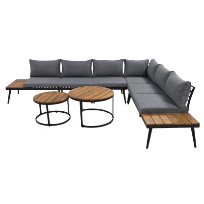 TREXM 6-Piece Outdoor Sectional Sofa Set with Round Nesting Coffee Tables and Seating Sofa with Cushions for Patio, Porch and Garden (Grey)