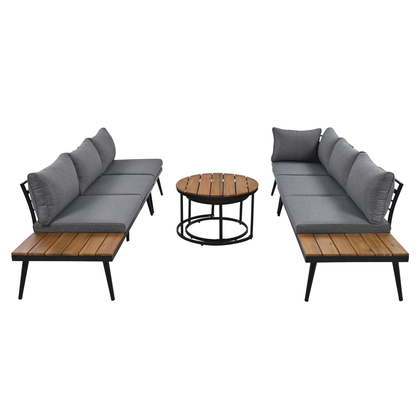 TREXM 6-Piece Outdoor Sectional Sofa Set with Round Nesting Coffee Tables and Seating Sofa with Cushions for Patio, Porch and Garden (Grey)