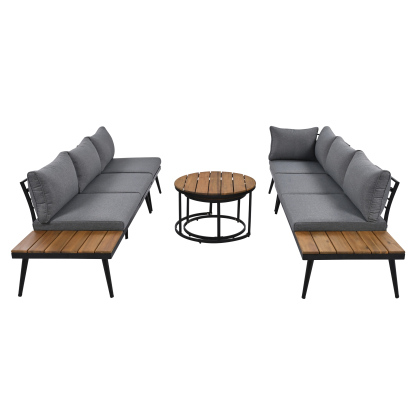 TREXM 6-Piece Outdoor Sectional Sofa Set with Round Nesting Coffee Tables and Seating Sofa with Cushions for Patio, Porch and Garden (Grey)