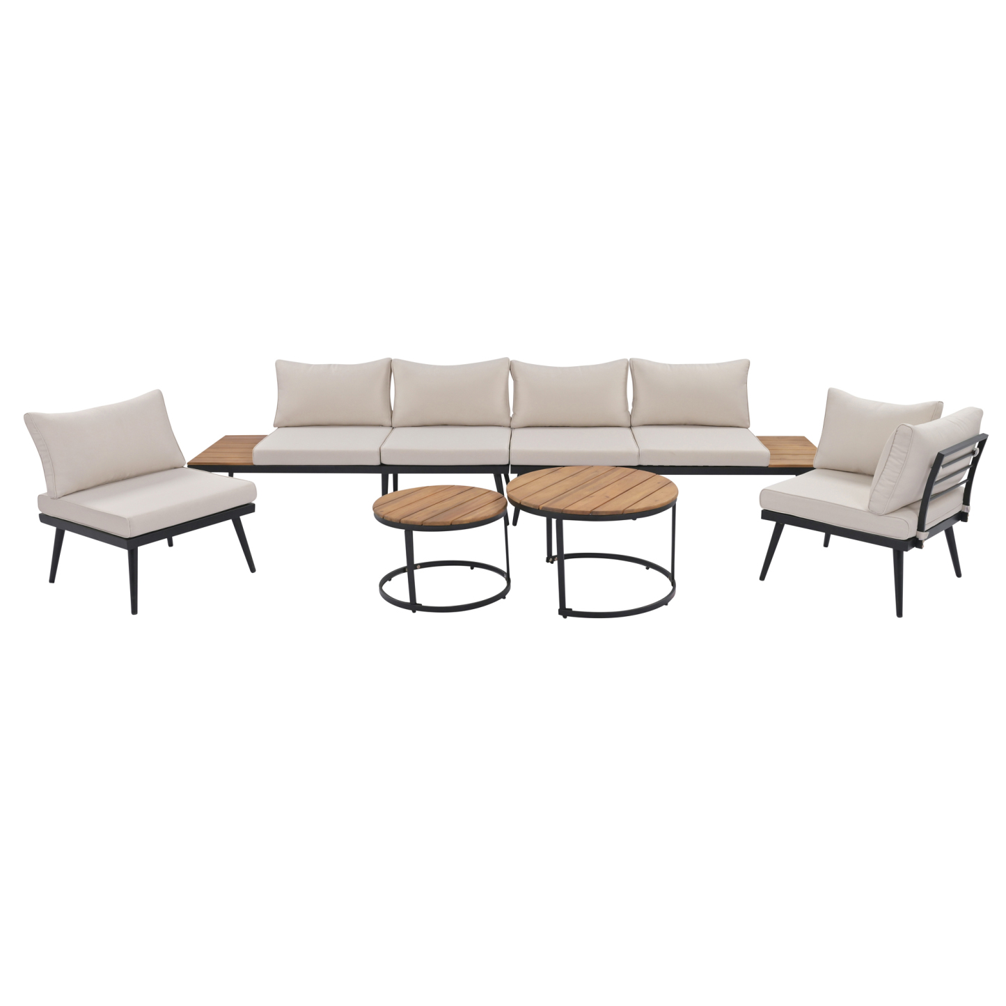 TREXM 6-Piece Outdoor Sectional Sofa Set with Round Nesting Coffee Tables and Seating Sofa with Cushions for Patio, Porch and Garden (Beige)