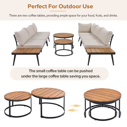 TREXM 6-Piece Outdoor Sectional Sofa Set with Round Nesting Coffee Tables and Seating Sofa with Cushions for Patio, Porch and Garden (Beige)