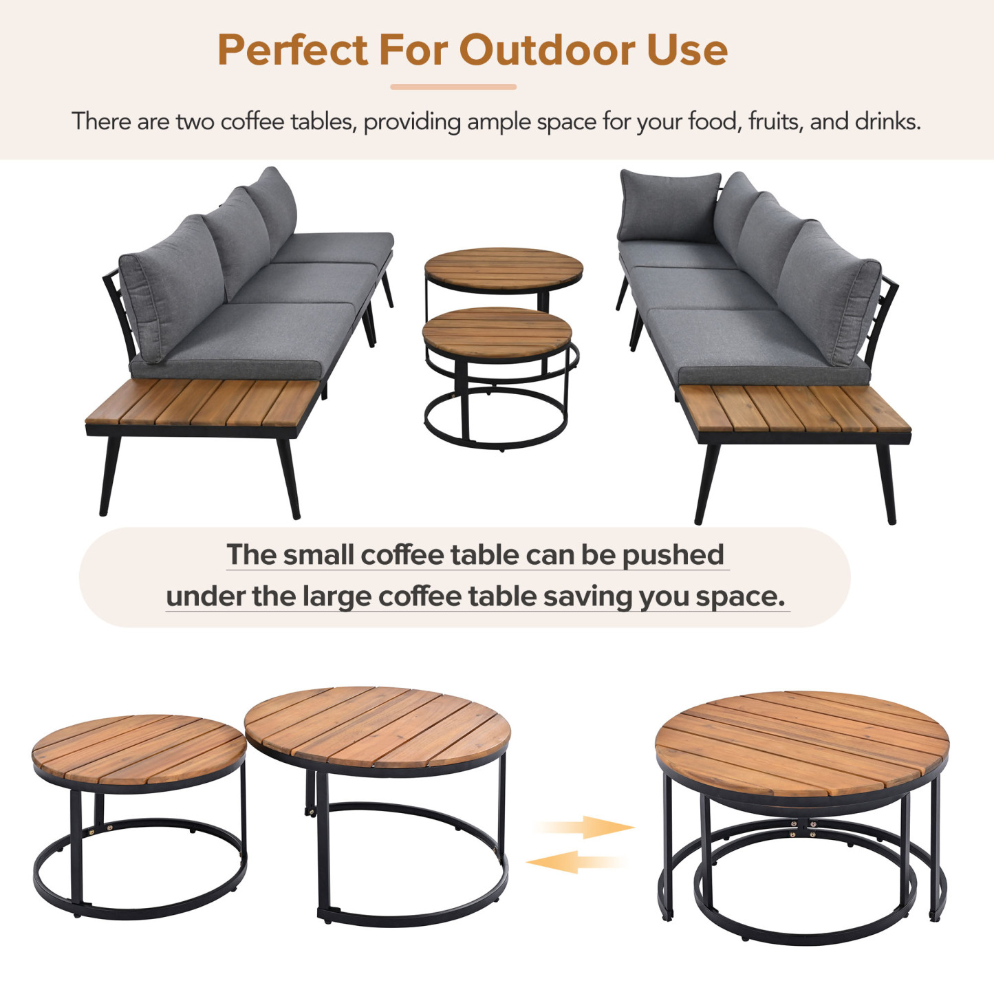 TREXM 6-Piece Outdoor Sectional Sofa Set with Round Nesting Coffee Tables and Seating Sofa with Cushions for Patio, Porch and Garden (Grey)