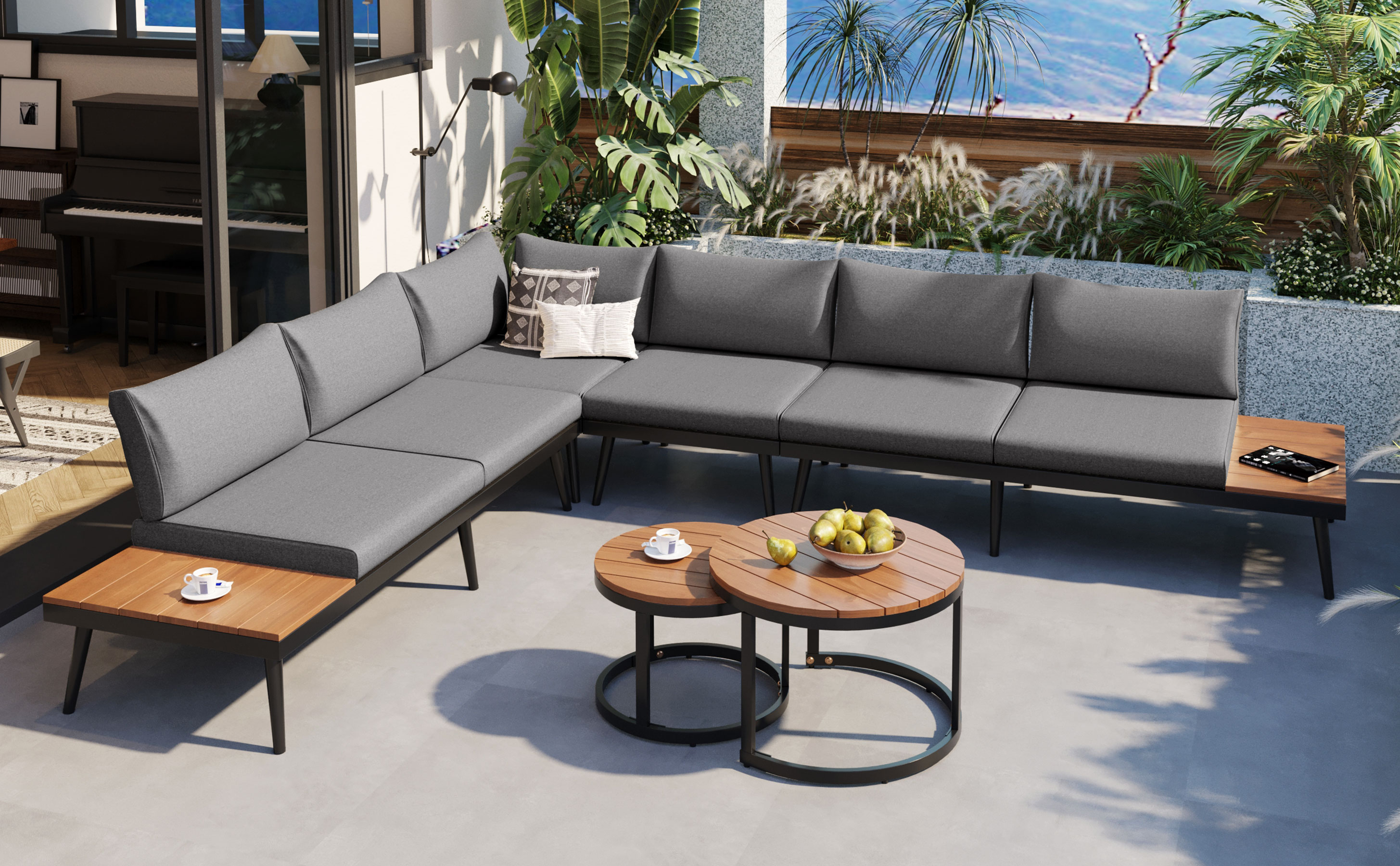 TREXM 6-Piece Outdoor Sectional Sofa Set with Round Nesting Coffee Tables and Seating Sofa with Cushions for Patio, Porch and Garden (Grey)