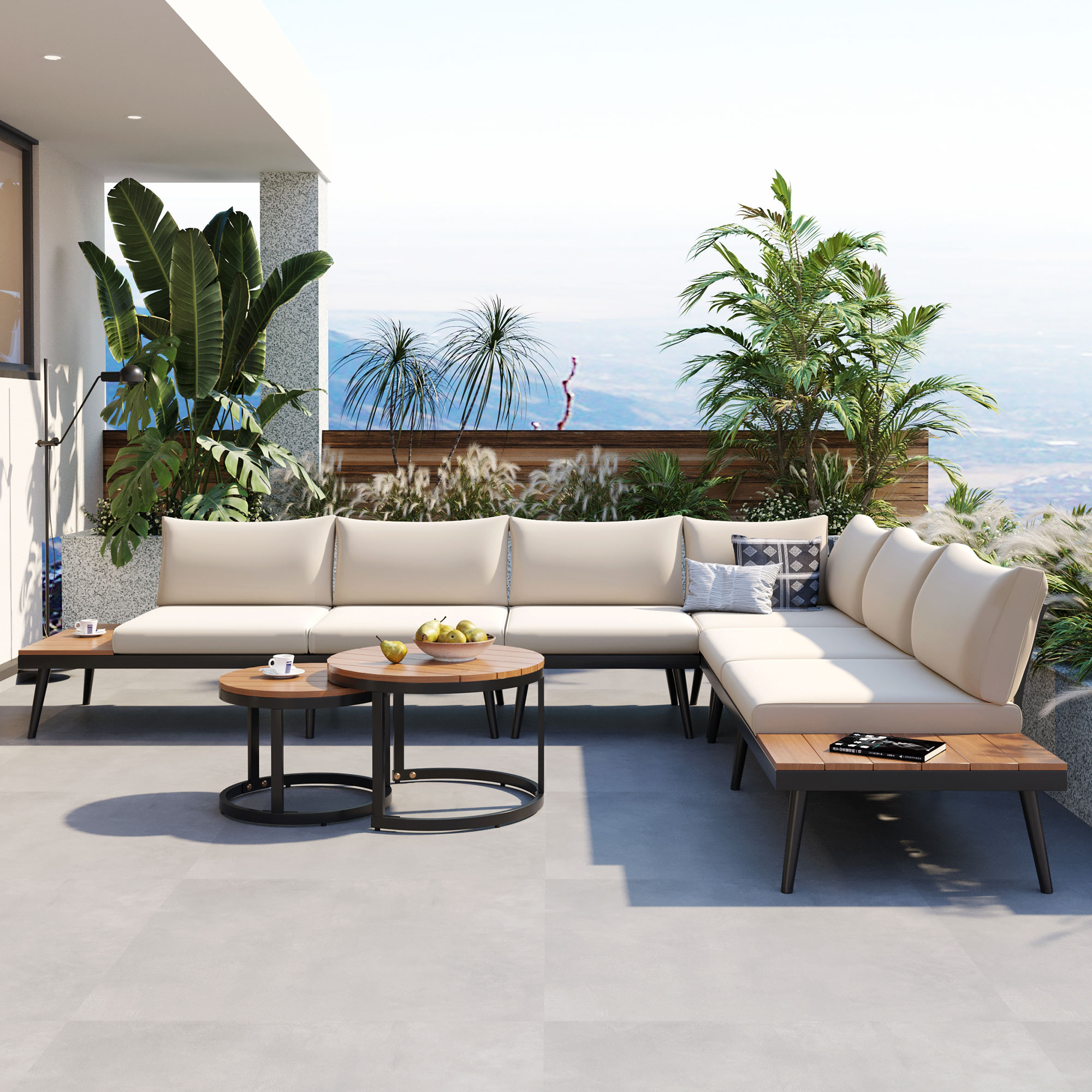 TREXM 6-Piece Outdoor Sectional Sofa Set with Round Nesting Coffee Tables and Seating Sofa with Cushions for Patio, Porch and Garden (Beige)