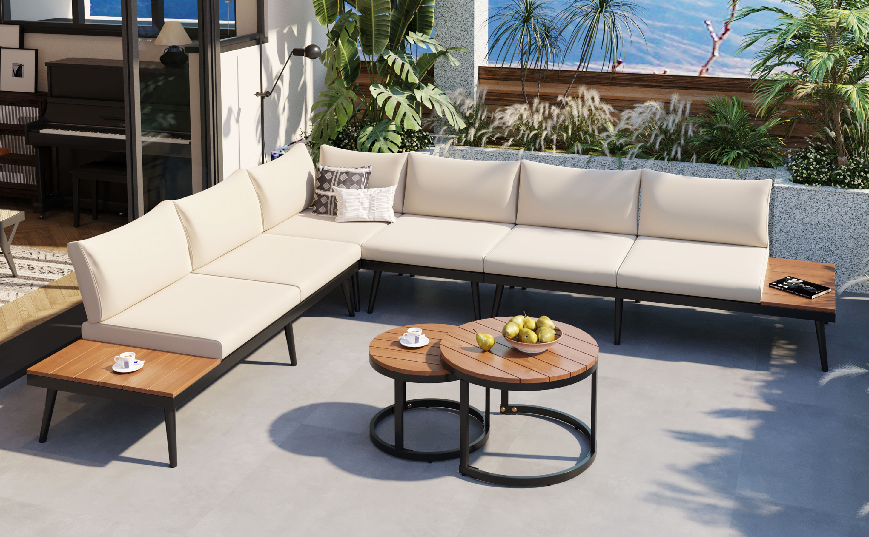 TREXM 6-Piece Outdoor Sectional Sofa Set with Round Nesting Coffee Tables and Seating Sofa with Cushions for Patio, Porch and Garden (Beige)