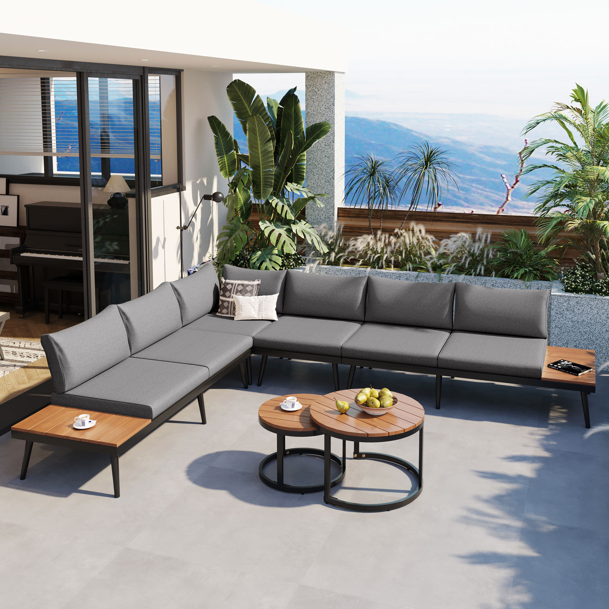 TREXM 6-Piece Outdoor Sectional Sofa Set with Round Nesting Coffee Tables and Seating Sofa with Cushions for Patio, Porch and Garden (Grey)