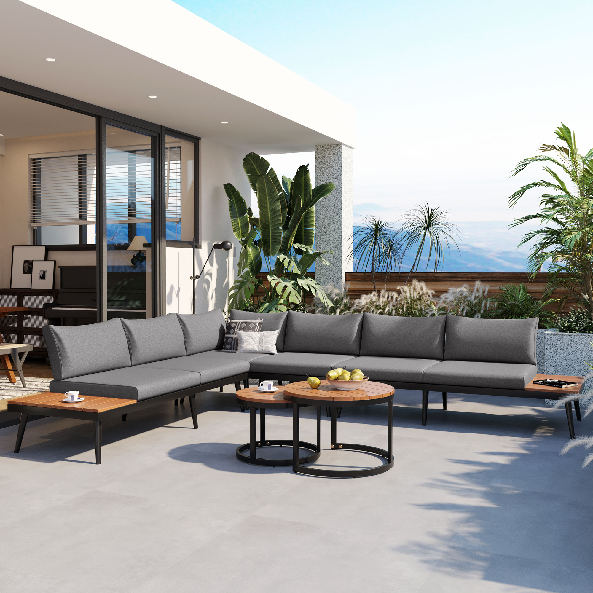 TREXM 6-Piece Outdoor Sectional Sofa Set with Round Nesting Coffee Tables and Seating Sofa with Cushions for Patio, Porch and Garden (Grey)