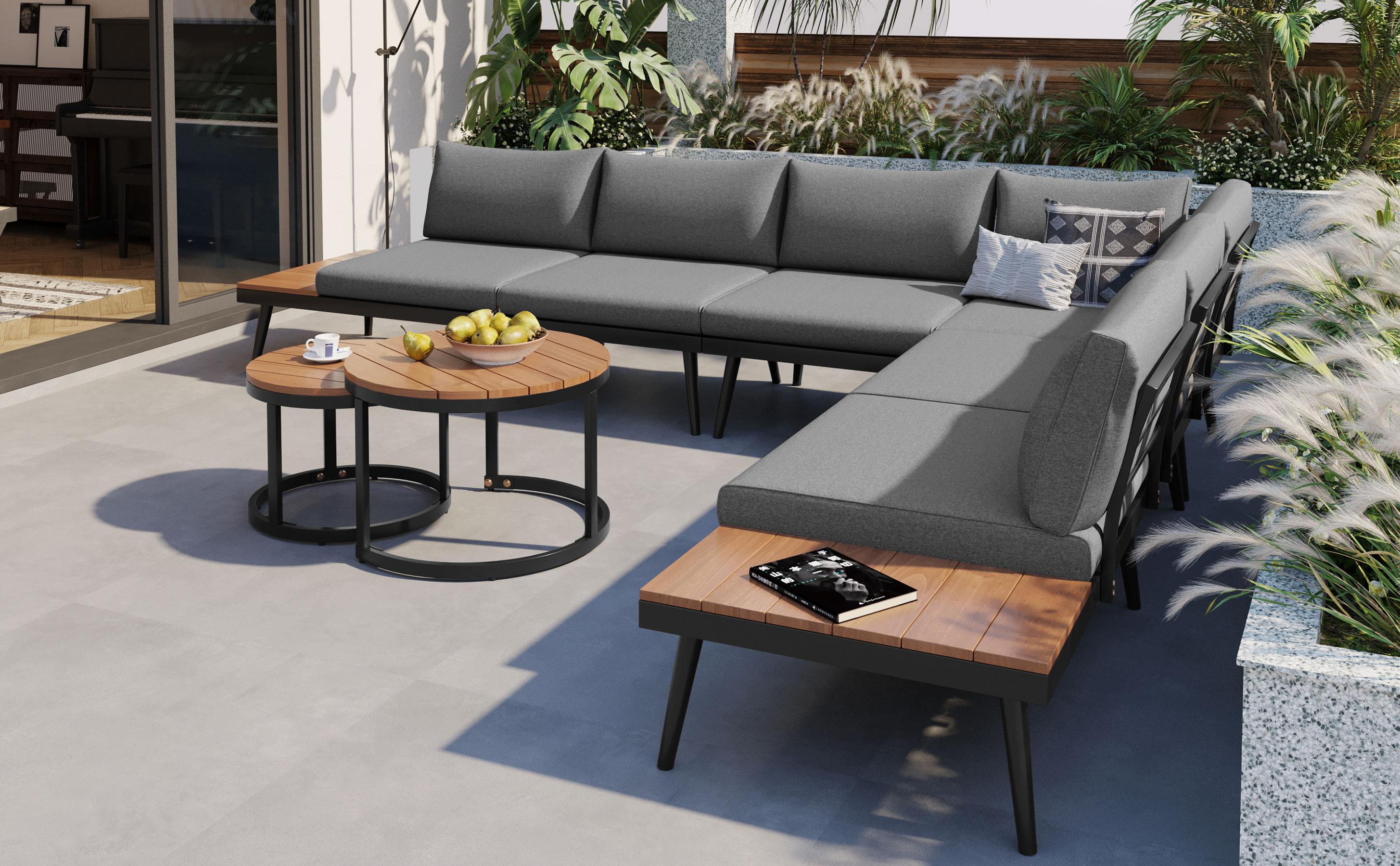 TREXM 6-Piece Outdoor Sectional Sofa Set with Round Nesting Coffee Tables and Seating Sofa with Cushions for Patio, Porch and Garden (Grey)