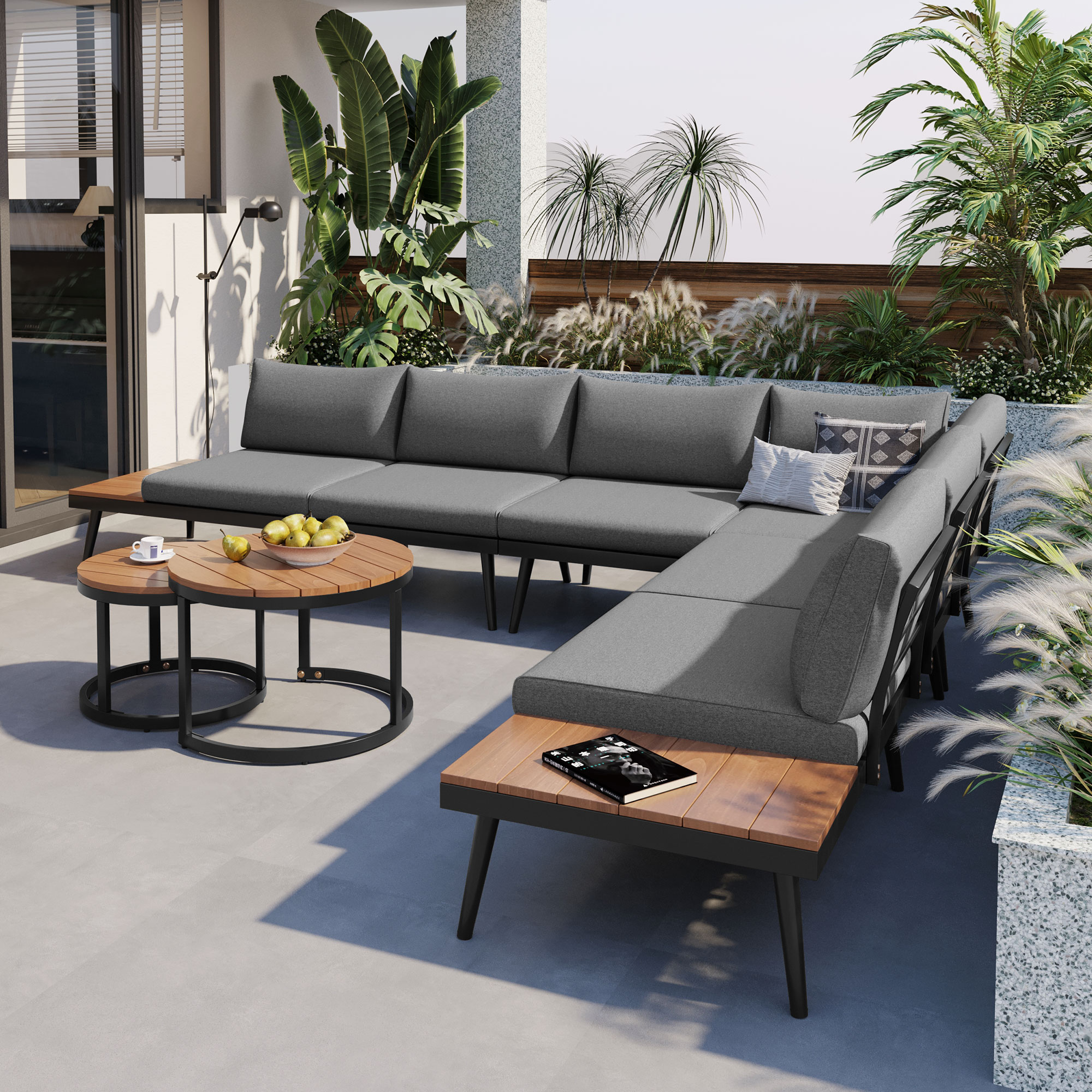 TREXM 6-Piece Outdoor Sectional Sofa Set with Round Nesting Coffee Tables and Seating Sofa with Cushions for Patio, Porch and Garden (Grey)